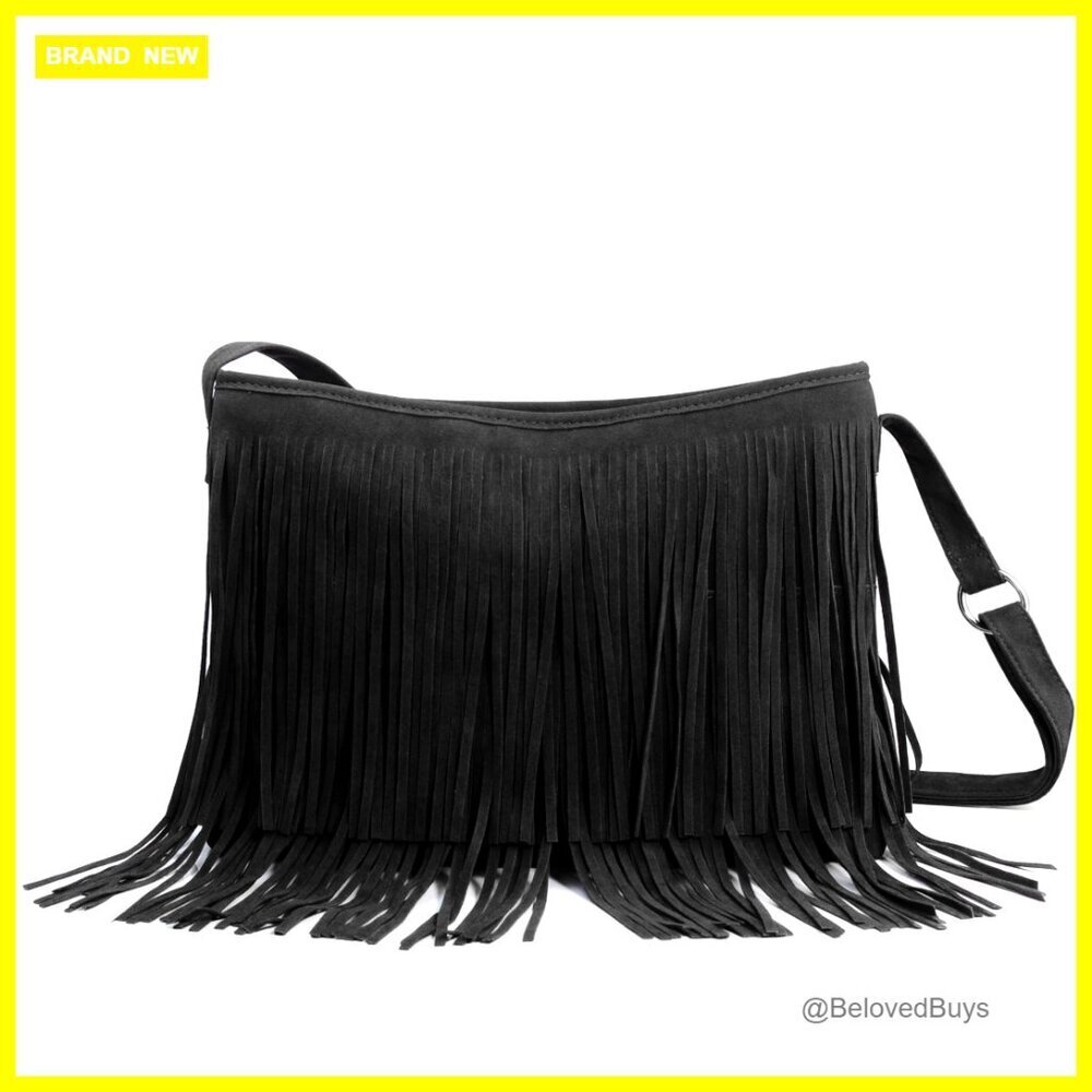 Faux Suede Hobo Crossbody Bag with Tassels Adjustable Strap